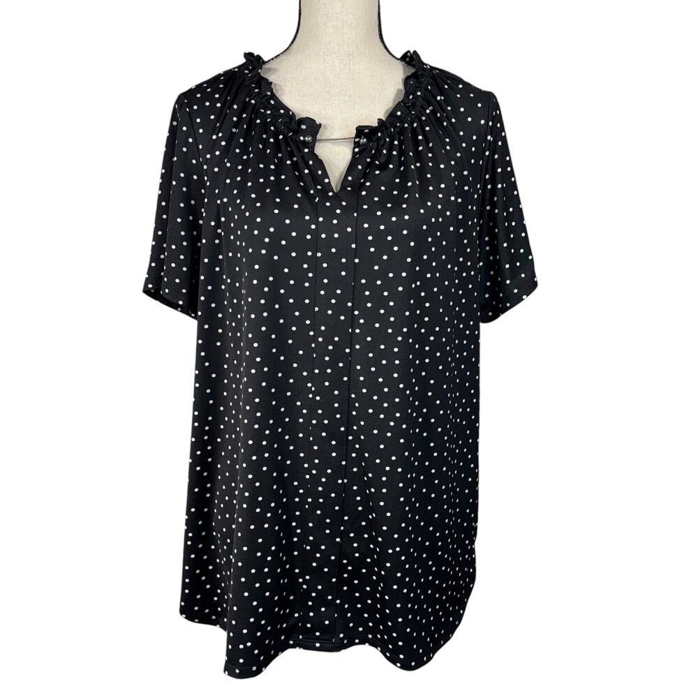 Croft & Barrow 1X-Large Top Polka Dot Ruffled Neck Keyhole Short Sleeve Stretch